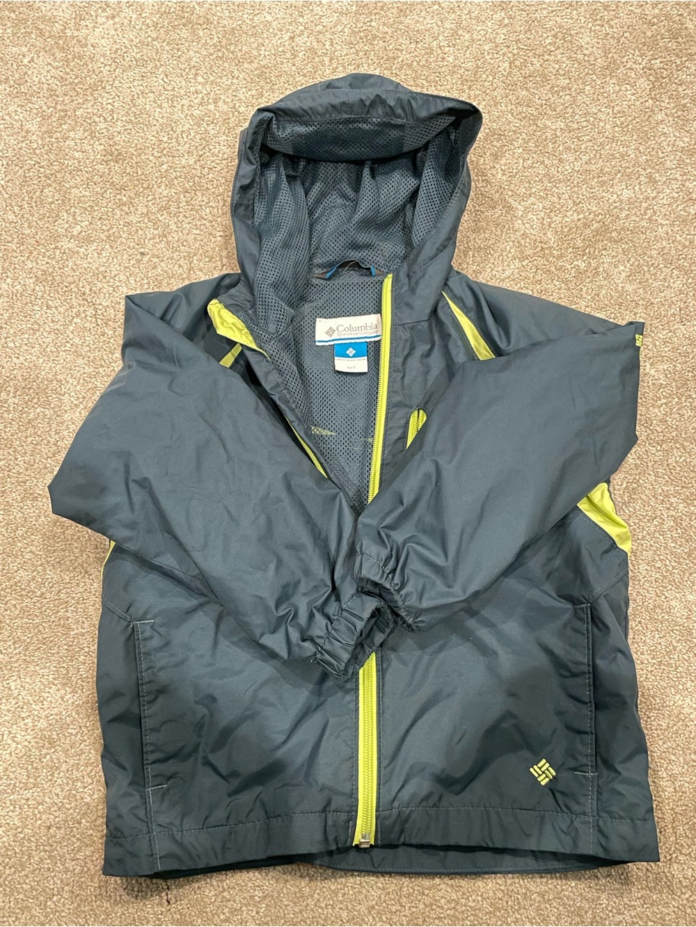 Columbia Kids Hooded Rain Jacket - Charcoal with Lime Accents